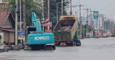 อ่างทอง – เจ้าหน้าที่ทางหลวงปรับแผนกู้ถนนทางหลวง33หลังพบสาเหตุน้ำเอ่อล้นท่อระบายน้ำ